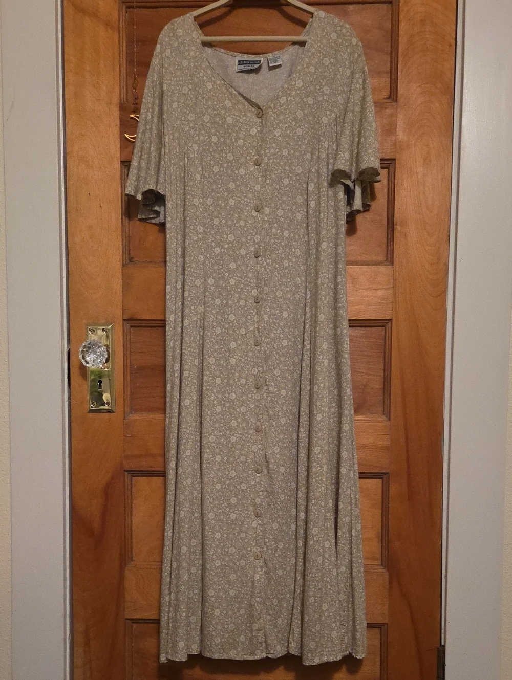 Vintage 80's Tie-Back Button-Front Maxi Dress, Olive & Cream Micro-Floral Paisly